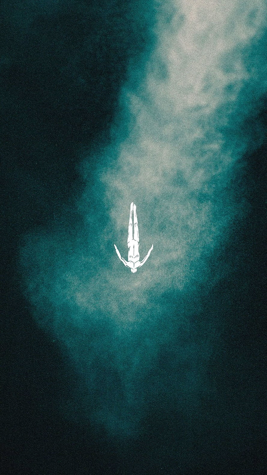 Minimalist figure floating in a deep teal mist with a grainy atmospheric texture HD phone wallpaper