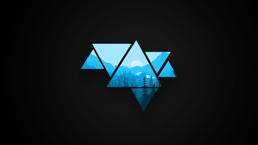 Geometric Mountain Landscape in Blue Triangles on Black Background HD wallpaper