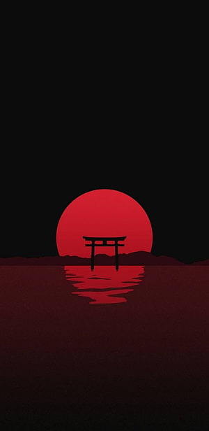 Minimalist Japanese Torii Gate Silhouette Against a Large Red Sun Over Dark Water HD phone wallpaper