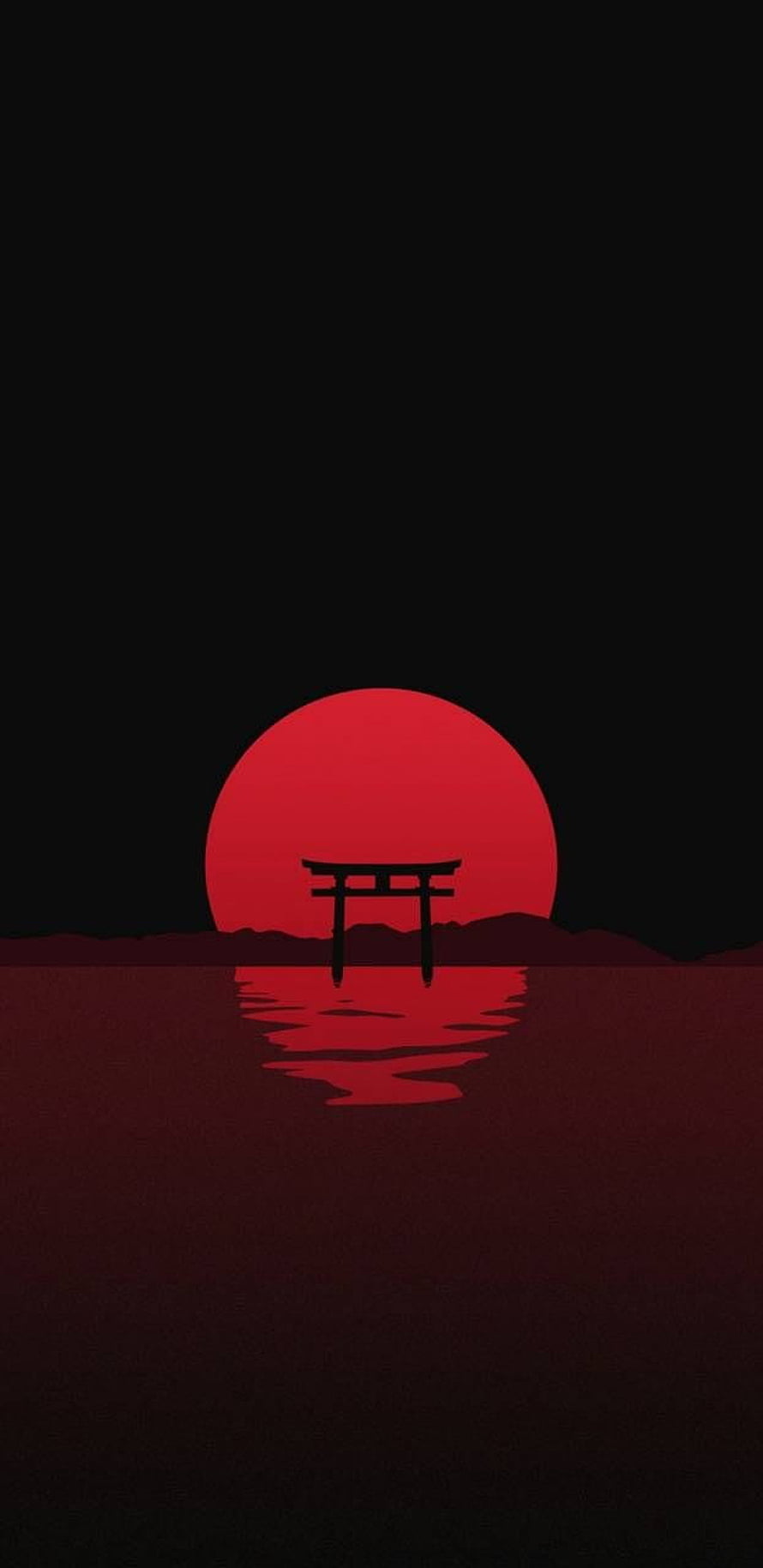 Minimalist Japanese Torii Gate Silhouette Against a Large Red Sun Over Dark Water HD phone wallpaper