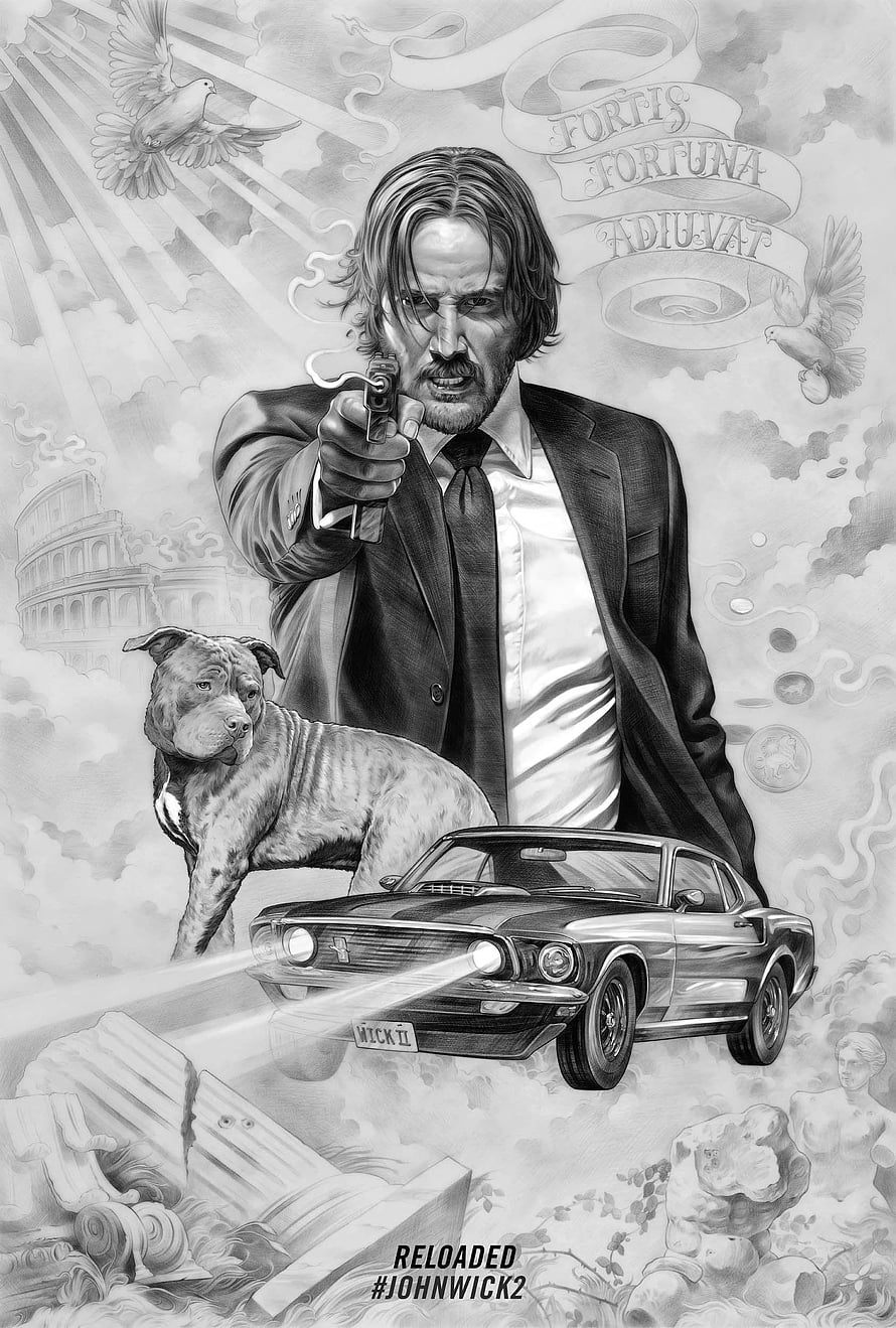 John Wick Reloaded pencil illustration featuring Keanu Reeves, a pit bull, and a classic Ford Mustang HD phone wallpaper