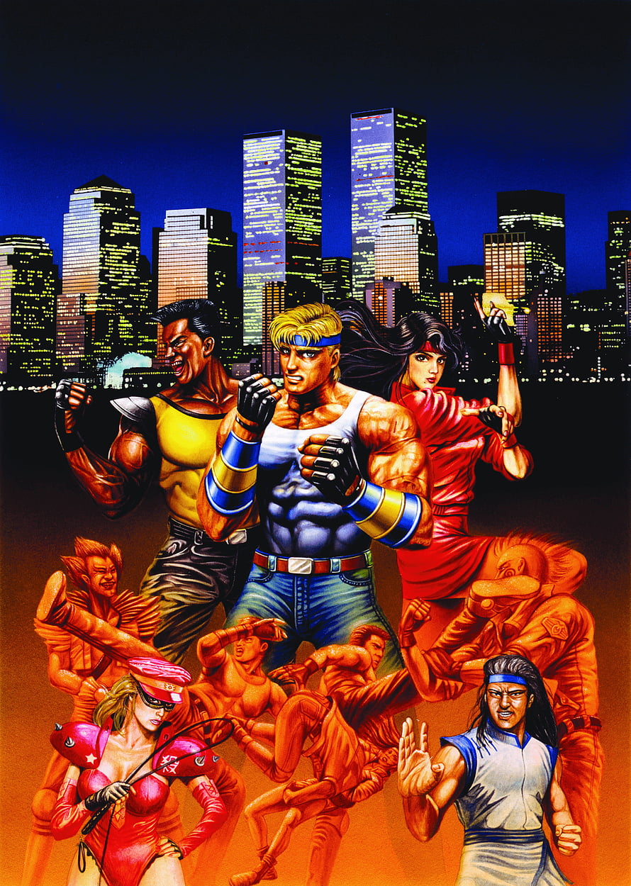 Streets of Rage Classic Arcade Cast Illustration with Nighttime City Skyline HD phone wallpaper