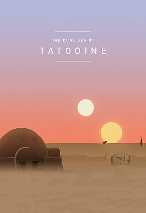 Minimalist Star Wars Tatooine Dune Sea Landscape with Twin Suns and Desert Dwellings HD phone wallpaper