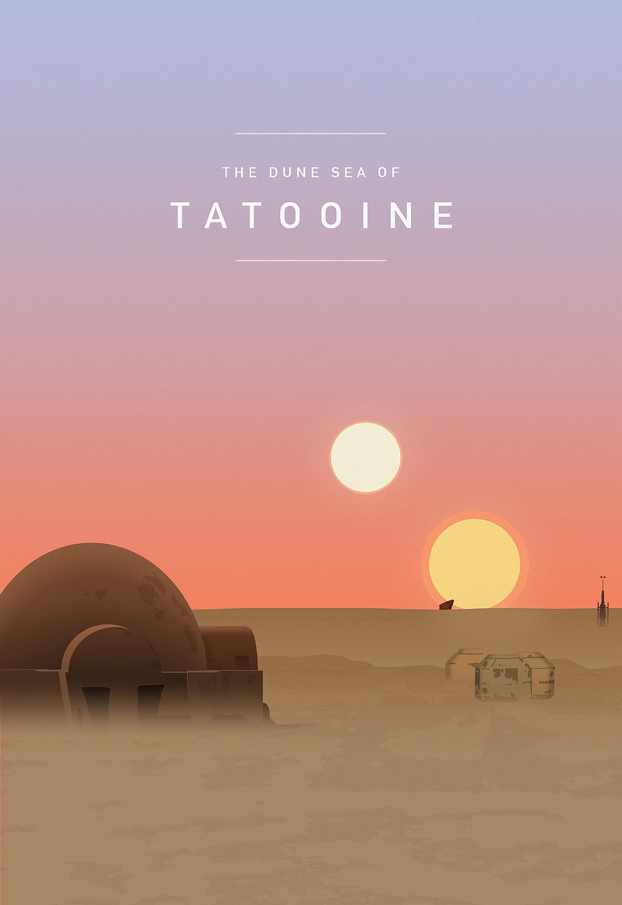 Minimalist Star Wars Tatooine Dune Sea Landscape with Twin Suns and Desert Dwellings HD phone wallpaper