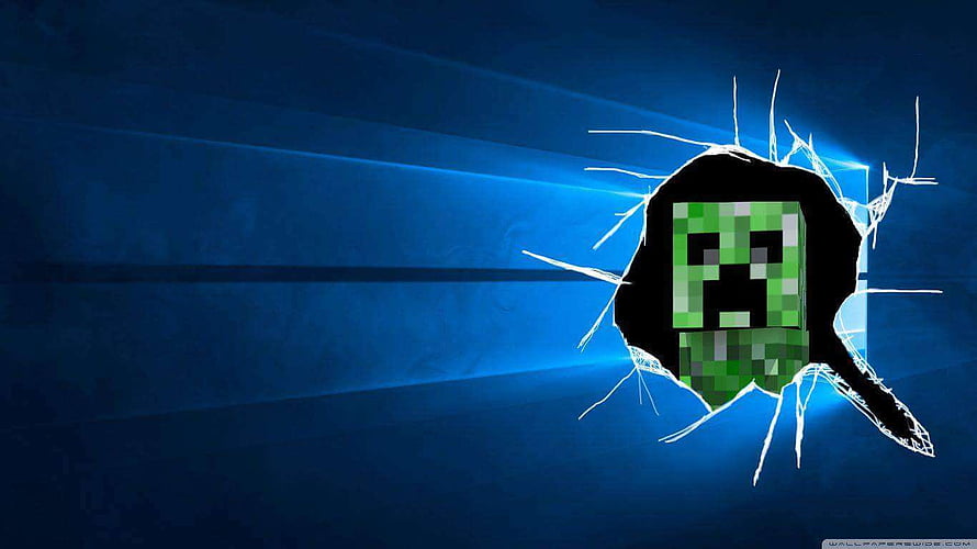 Minecraft Creeper Bursting Through Blue Windows 10 Interface HD wallpaper