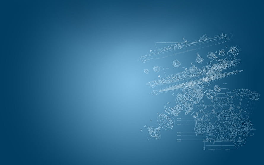 Technical Blueprint Schematic of Naval Vessel and Mechanical Components on Blue Background HD wallpaper