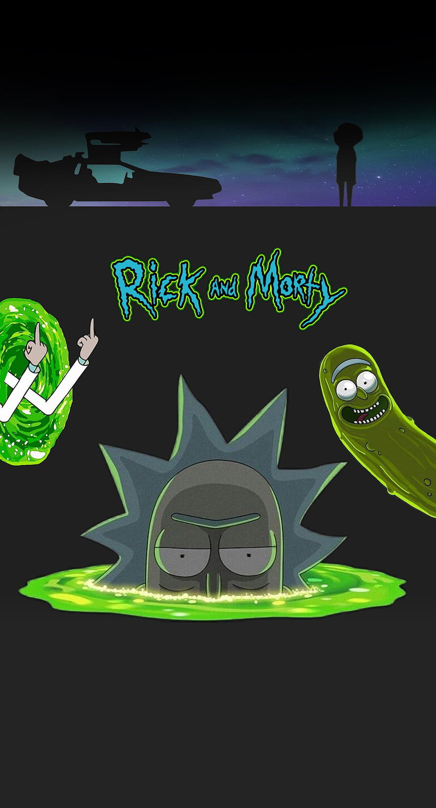 Rick and Morty Dark Mode Wallpaper Featuring Rick, Pickle, and Portal Elements HD phone wallpaper