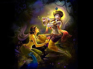 Lord Krishna Playing Flute with Radha and Peacock in Mystical Forest Setting HD wallpaper