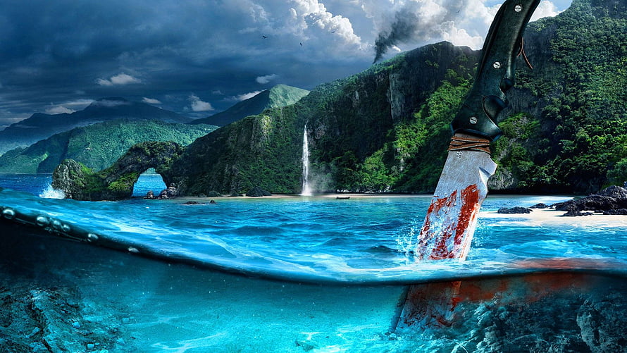 Fantasy Survival Knife Stuck in Turquoise Water with Tropical Island and Waterfall Landscape HD wallpaper
