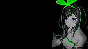Monochrome Anime Girl With Neon Green Accents And Pink Eyes On Black Background HD wallpaper