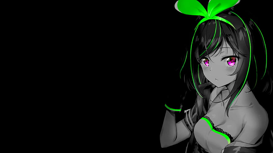 Monochrome Anime Girl With Neon Green Accents And Pink Eyes On Black Background HD wallpaper