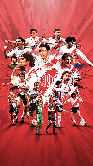 Club Atlético River Plate Legends and Modern Stars Collage on Red Background HD phone wallpaper