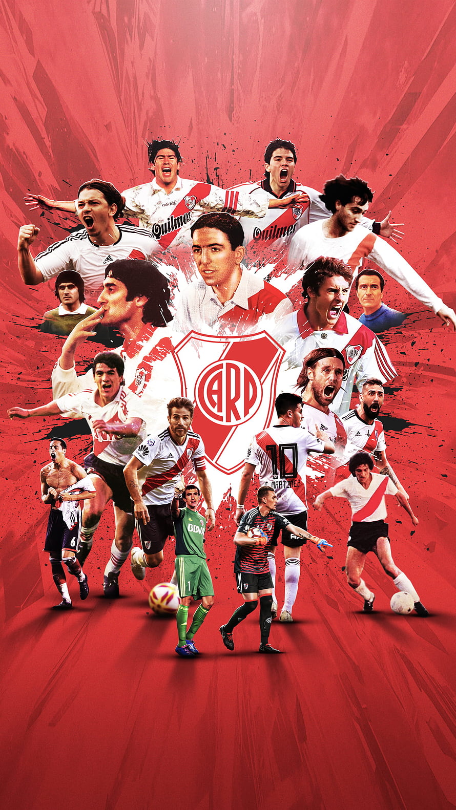 Club Atlético River Plate Legends and Modern Stars Collage on Red Background HD phone wallpaper