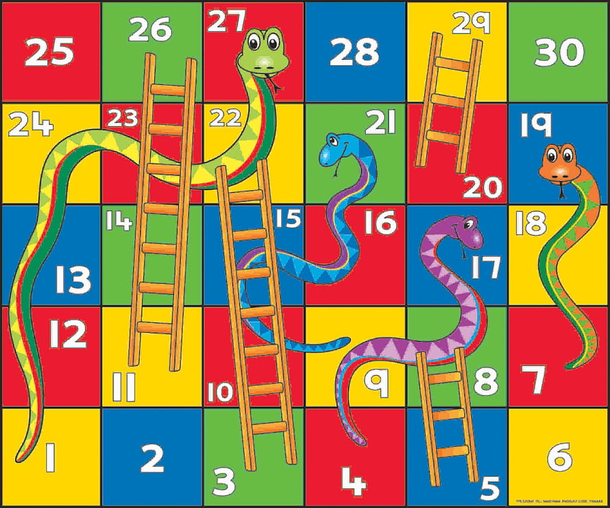 Colorful Snakes and Ladders Board Game Grid with Numbered Squares and Cartoon Snakes HD wallpaper