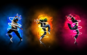 Three Dancers in Dynamic Motion with Neon Light Trails and Colored Smoke HD wallpaper