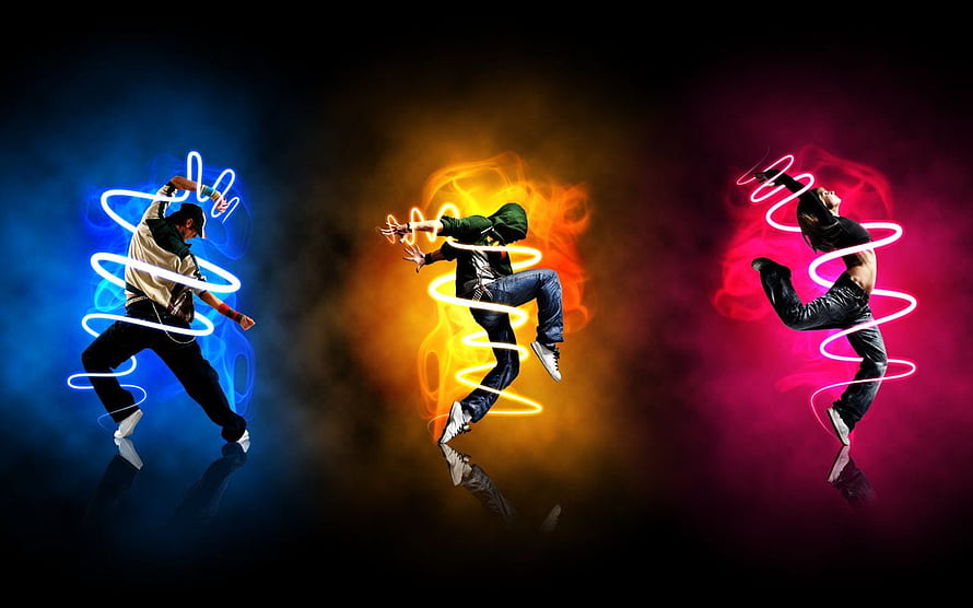 Three Dancers in Dynamic Motion with Neon Light Trails and Colored Smoke HD wallpaper