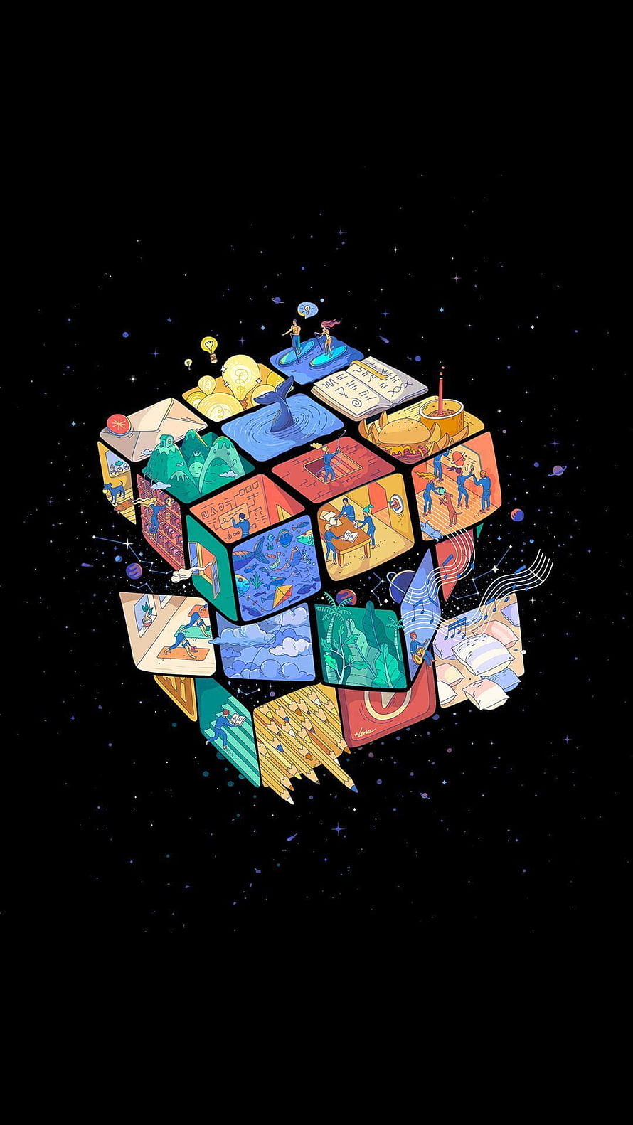 Colorful Isometric Rubik's Cube Illustration with Miniature Scenes Against a Starry Night Sky HD phone wallpaper
