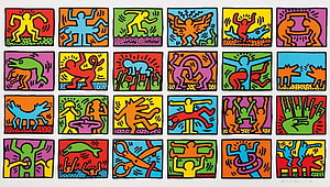 Keith Haring Pop Art Grid of Vibrant Stick Figures and Animals in Bold Colors HD wallpaper