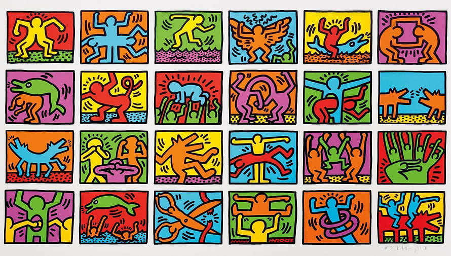 Keith Haring Pop Art Grid of Vibrant Stick Figures and Animals in Bold Colors HD wallpaper