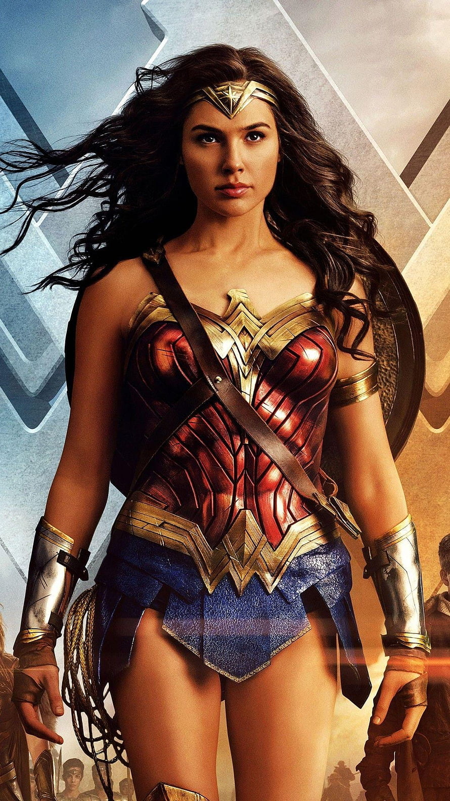 Wonder Woman Gal Gadot in Red and Gold Armor with Shield and Tiara HD phone wallpaper