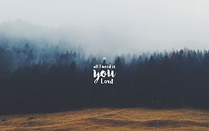 Misty Forest Landscape with Inspirational Christian Quote Overlay HD wallpaper
