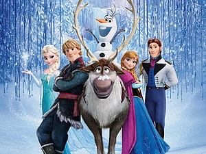 Frozen Movie Cast Group Portrait with Olaf and Sven in Ice Palace HD wallpaper