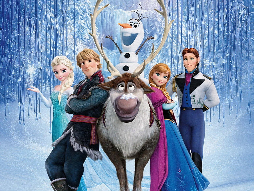 Frozen Movie Cast Group Portrait with Olaf and Sven in Ice Palace HD wallpaper