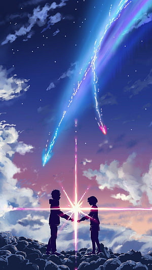 Your Name Anime Silhouettes Reaching Under Meteor Shower and Aurora Sky HD phone wallpaper