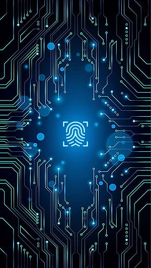 Fingerprint Biometric Security Icon on Glowing Blue Circuit Board Technology Background HD phone wallpaper