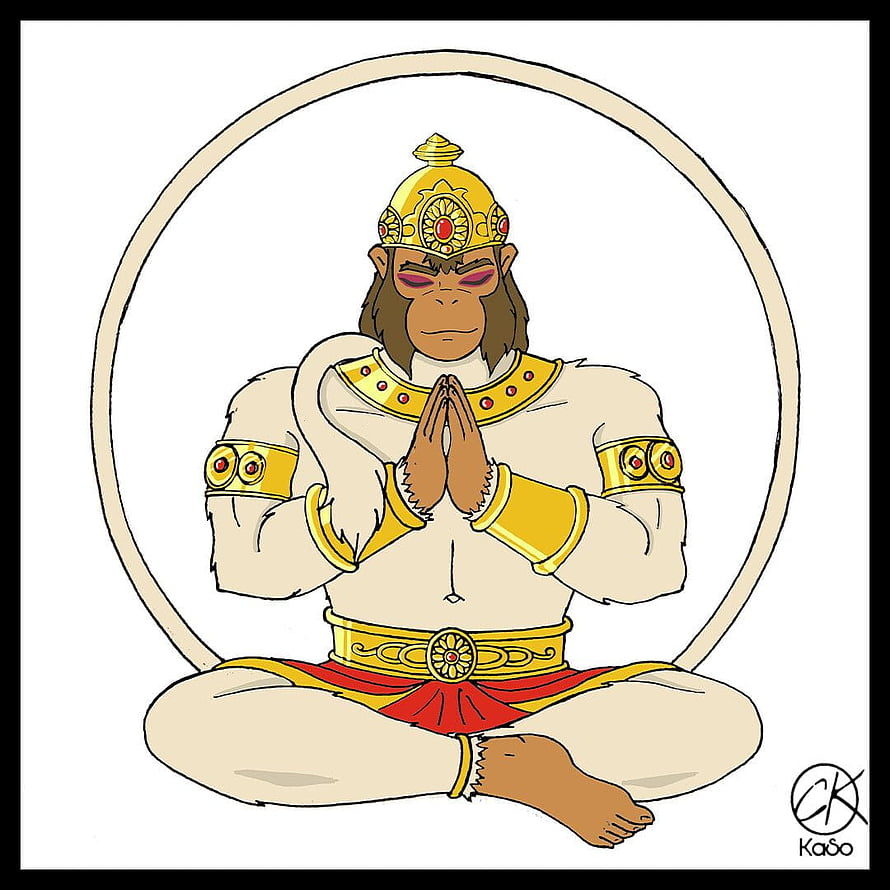 Hanuman in Meditation: Ramayana Mythology Illustration with Golden Crown and Prayer Pose HD phone wallpaper
