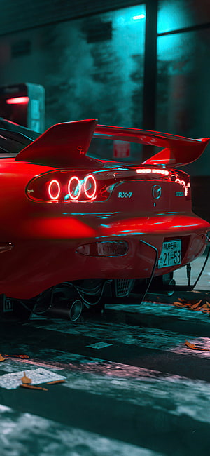 Red Mazda RX-7 Rear View with Neon Taillights in Cyberpunk Night Setting HD phone wallpaper