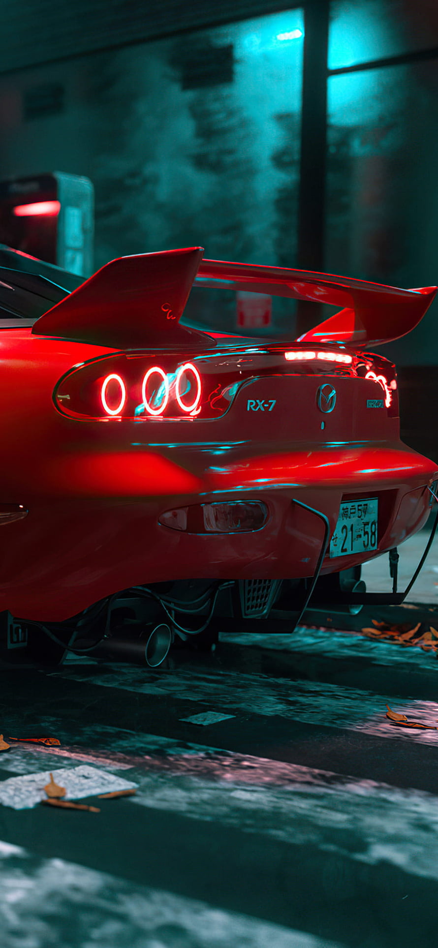 Red Mazda RX-7 Rear View with Neon Taillights in Cyberpunk Night Setting HD phone wallpaper