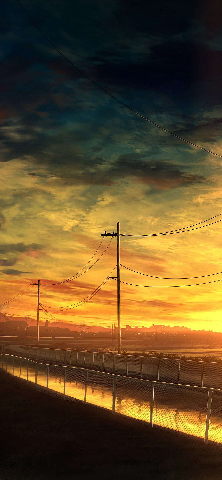 Golden Hour Skyline with Silhouetted Power Lines and Chain-Link Fence HD phone wallpaper