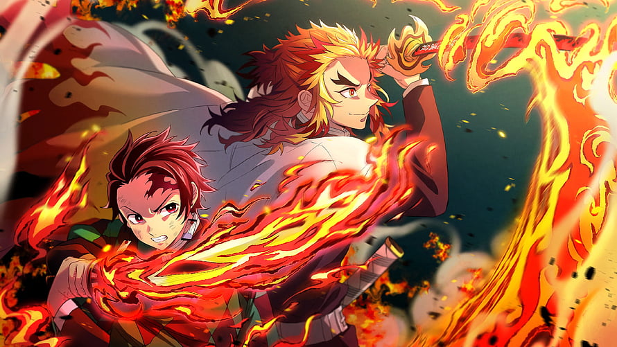Demon Slayer Tanjiro Kamado and Kyojuro Rengoku Wielding Flame Katana in Intense Battle HD wallpaper