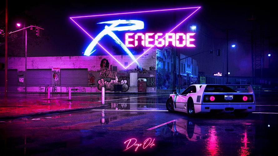 ReneGade Neon Sign and White Sports Car in Rainy Cyberpunk Street Scene HD wallpaper