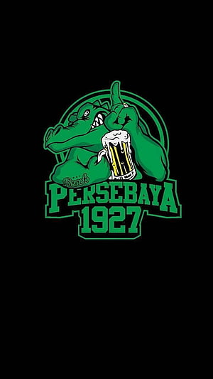 Persebaya 1927 Green Crocodile Mascot Holding Beer Mug on Black Background HD phone wallpaper