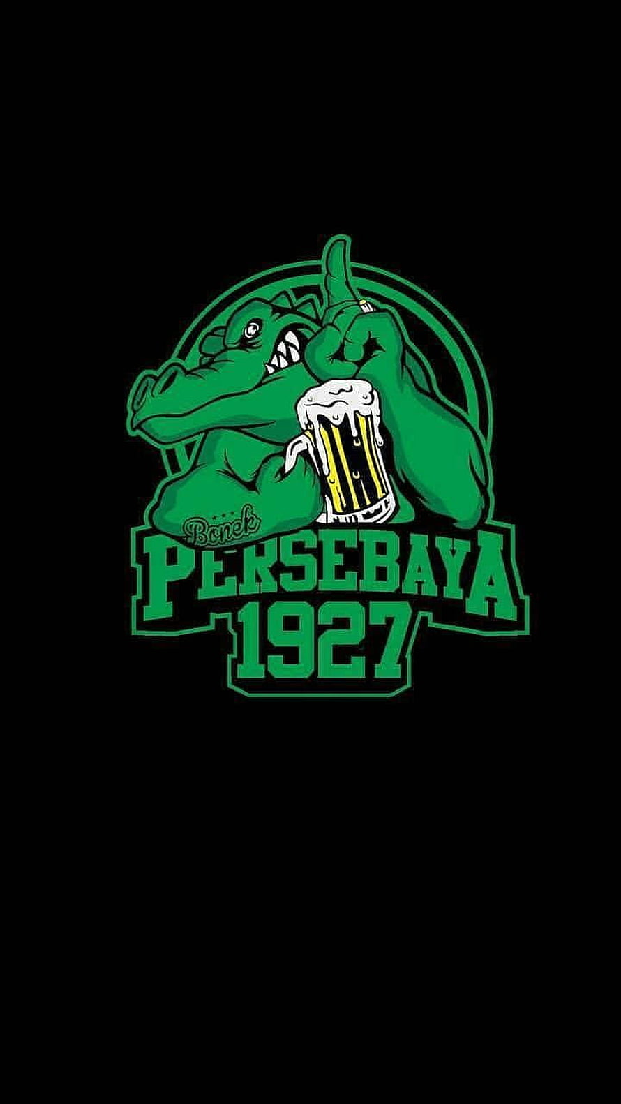 Persebaya 1927 Green Crocodile Mascot Holding Beer Mug on Black Background HD phone wallpaper