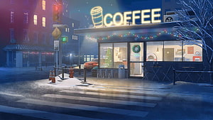 Cozy Snowy Coffee Shop at Night with Neon Sign and Christmas Lights HD wallpaper