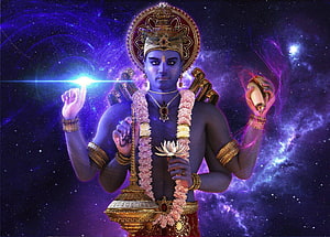Lord Vishnu Digital Art with Cosmic Nebula Background and Divine Attributes HD wallpaper