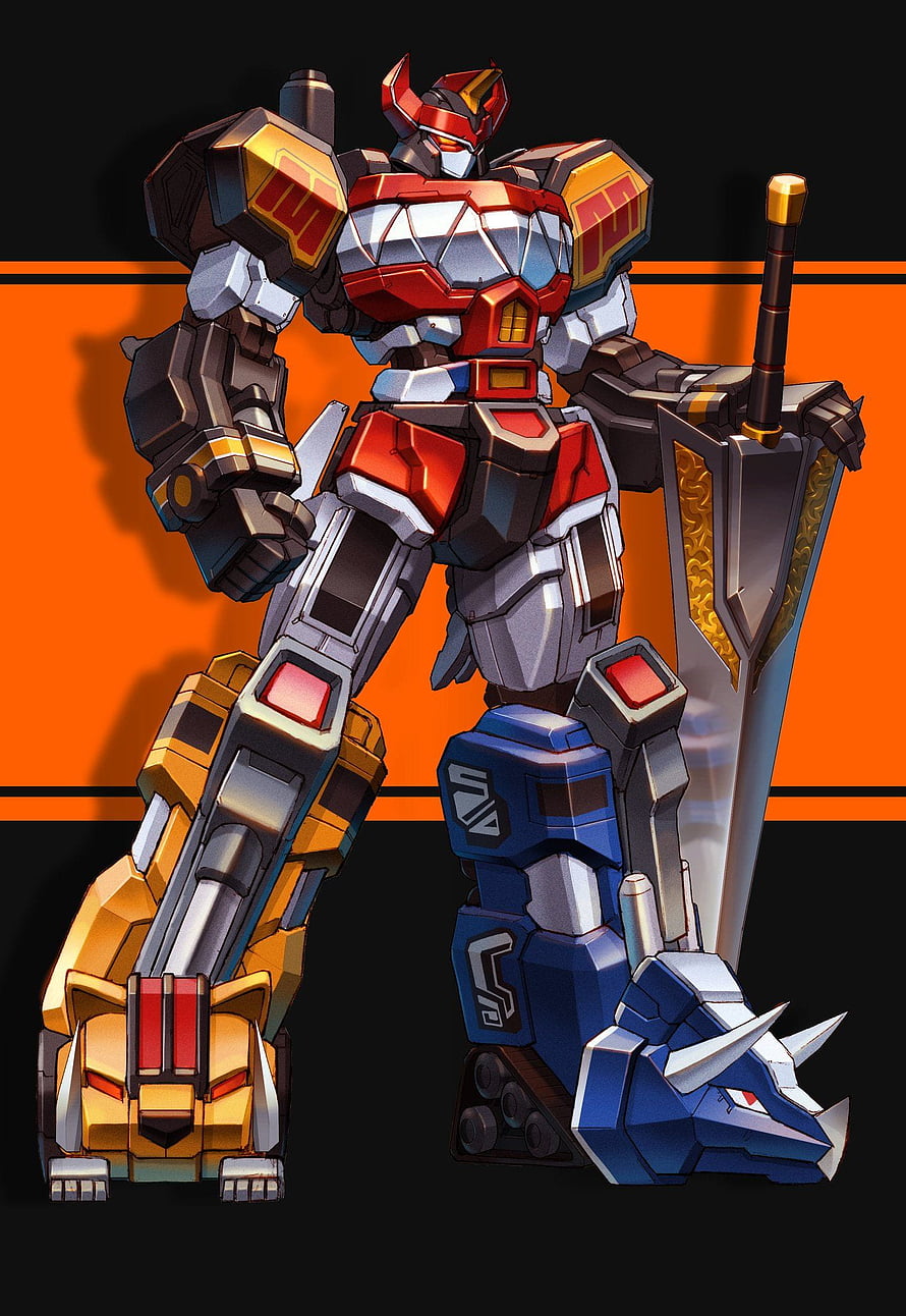 Power Rangers Megazord Robot with Lion and Triceratops Legs Holding a Giant Sword HD phone wallpaper