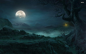 Eerie Moonlit Night Landscape with Twisted Trees and Distant Castle HD wallpaper