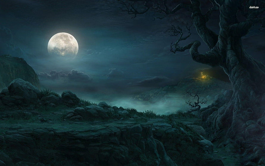 Eerie Moonlit Night Landscape with Twisted Trees and Distant Castle HD wallpaper