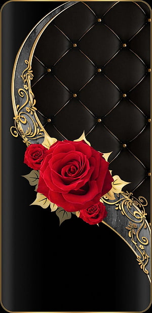 Luxurious Red Roses on Black Tufted Leather with Gold Ornamental Scrollwork HD phone wallpaper
