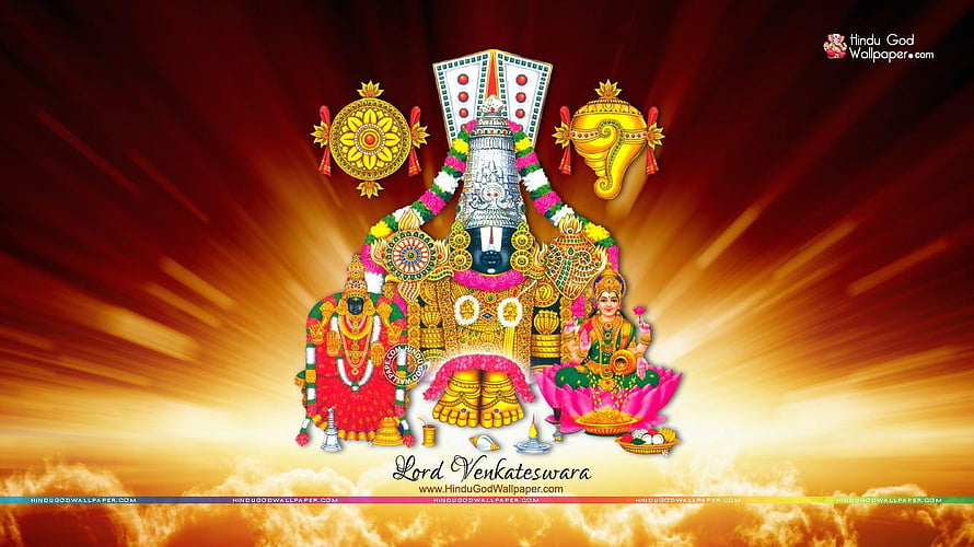 Lord Venkateswara with consorts in ornate temple attire against radiant golden sky HD wallpaper