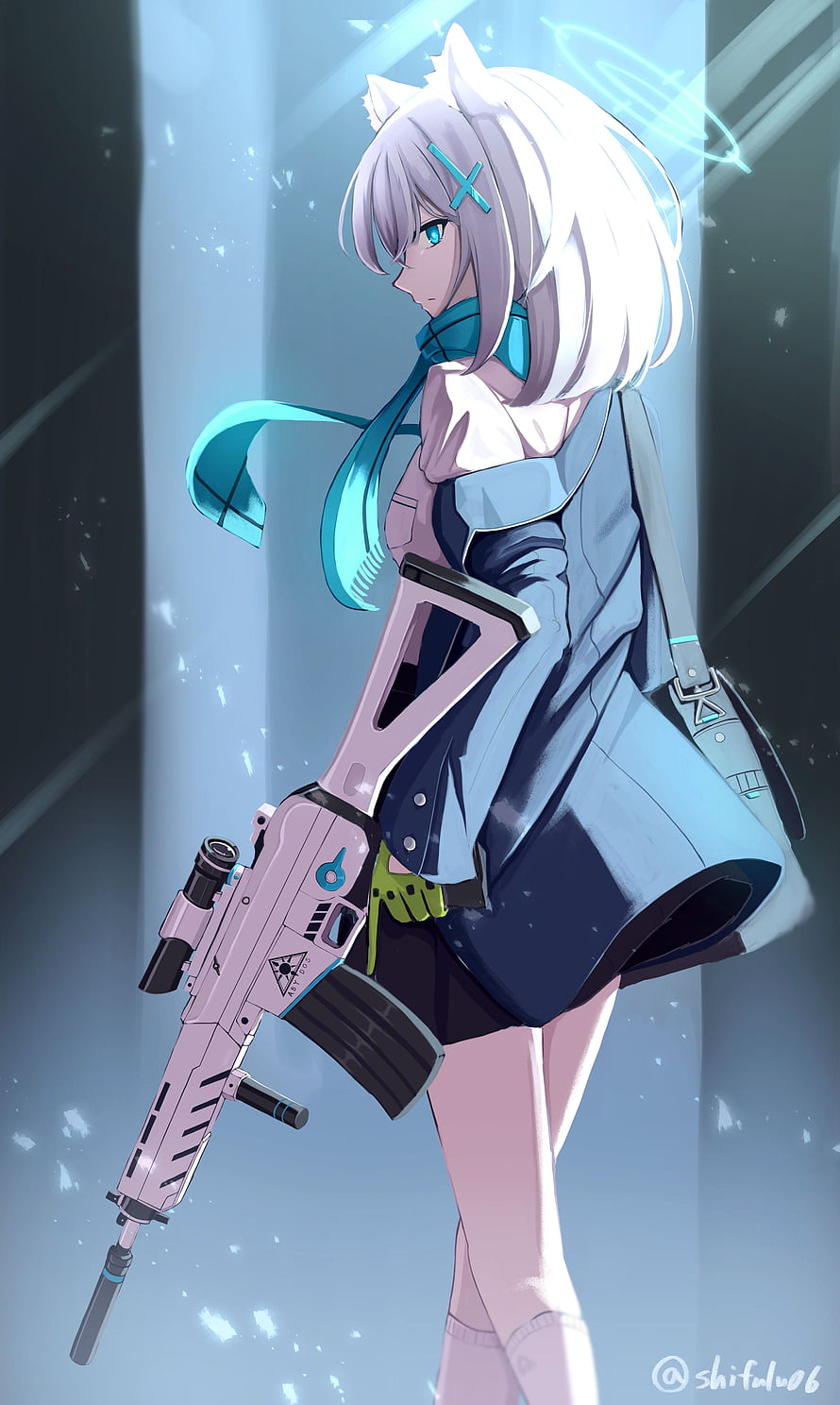Shiroko from Blue Archive anime illustration with pink rifle and cat ears HD phone wallpaper