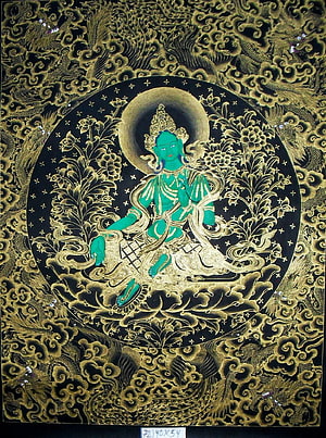 Green Tara Thangka Painting with Gold Filigree and Dragon Motifs HD phone wallpaper
