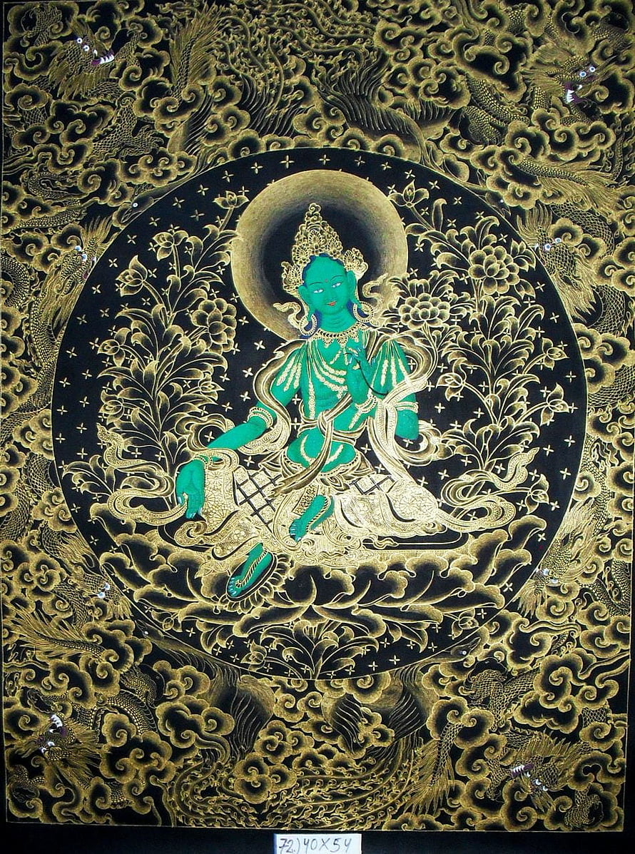 Green Tara Thangka Painting with Gold Filigree and Dragon Motifs HD phone wallpaper