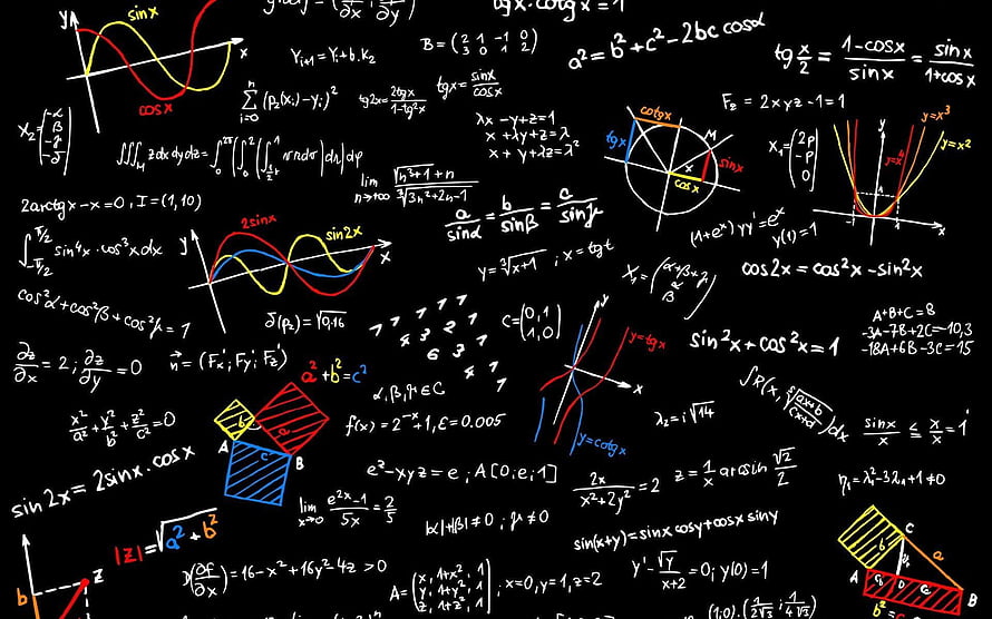 Handwritten Mathematical Equations and Graphs on Black Background HD wallpaper