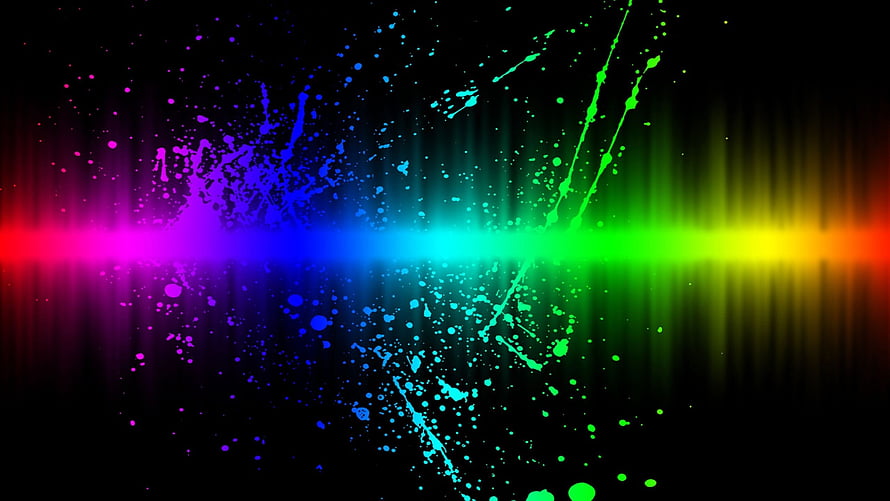Vibrant Rainbow Light Streak with Neon Paint Splatter on Black Background HD wallpaper