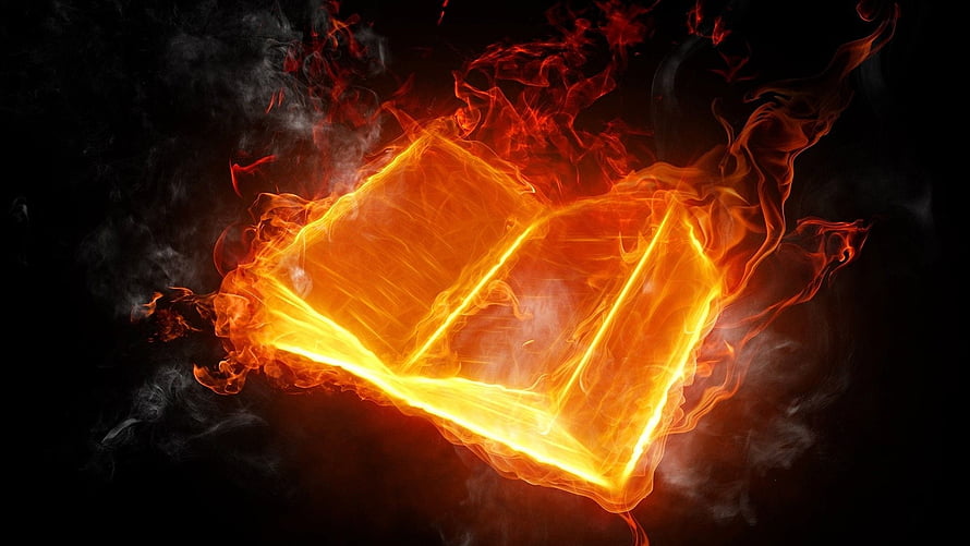 Flaming Open Book with Rising Smoke and Fire on Black Background HD wallpaper